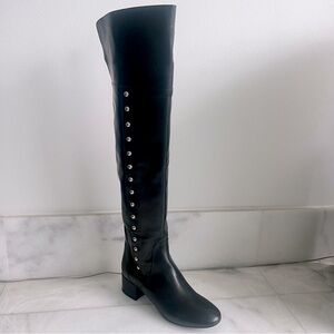 CHARLES DAVID Boots Black Leather Over-The-Knee Tall Studded Military Heel 6 36